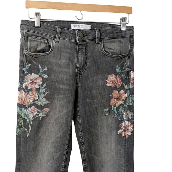 ZARA Skinny Jeans Wildflower Floral Gray Floral Painting Mid Rise Crop Ankle 6 - Picture 3 of 8